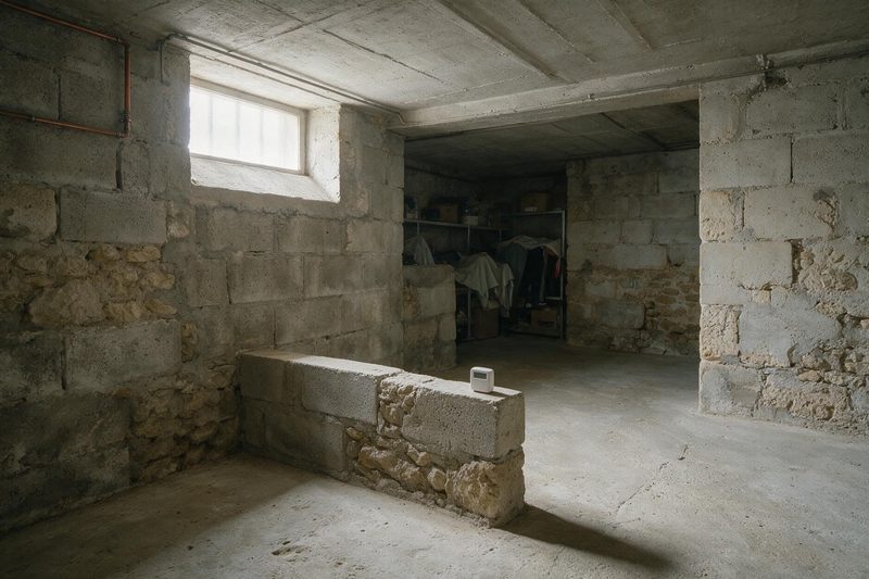 Cave d'une maison individuelle avec un boîtier de mesure du radon