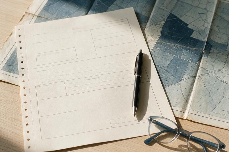 Formulaire officiel « État des risques » posé sur un plan cadastral