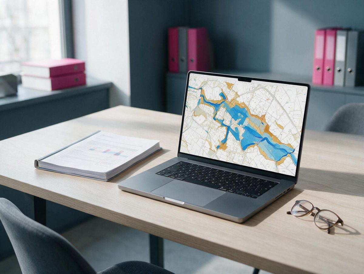 Carte d'aléa inondation superposée au plan cadastral d'une commune, affichée sur un poste de travail