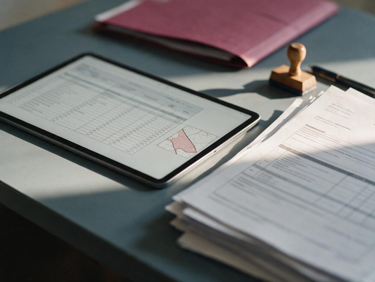 Tablette affichant un tableau de données et une carte de zonage communal, à côté de documents administratifs et d'un tampon