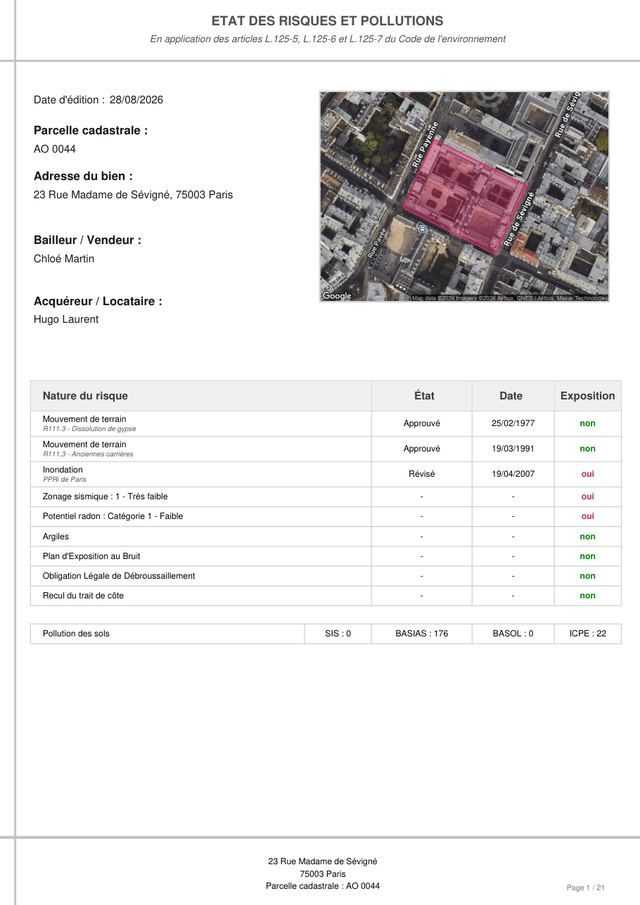 Page 1 d'un exemple d'ERP : page de garde, photo aérienne de la parcelle et tableau de synthèse des risques