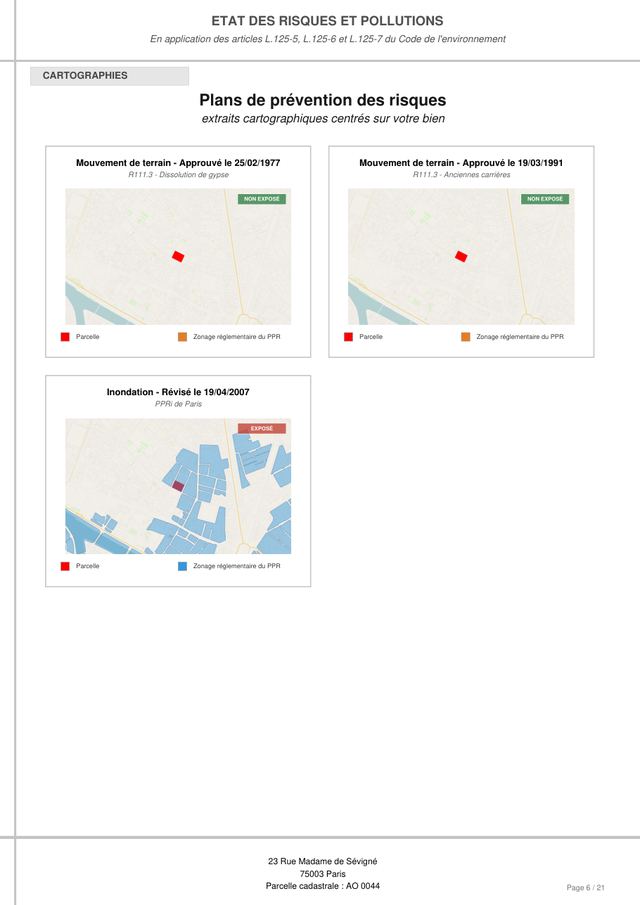Page 6 d'un exemple d'ERP : extraits cartographiques des plans de prévention des risques centrés sur la parcelle