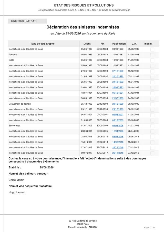 Page 17 d'un exemple d'ERP : liste des arrêtés de catastrophe naturelle de la commune