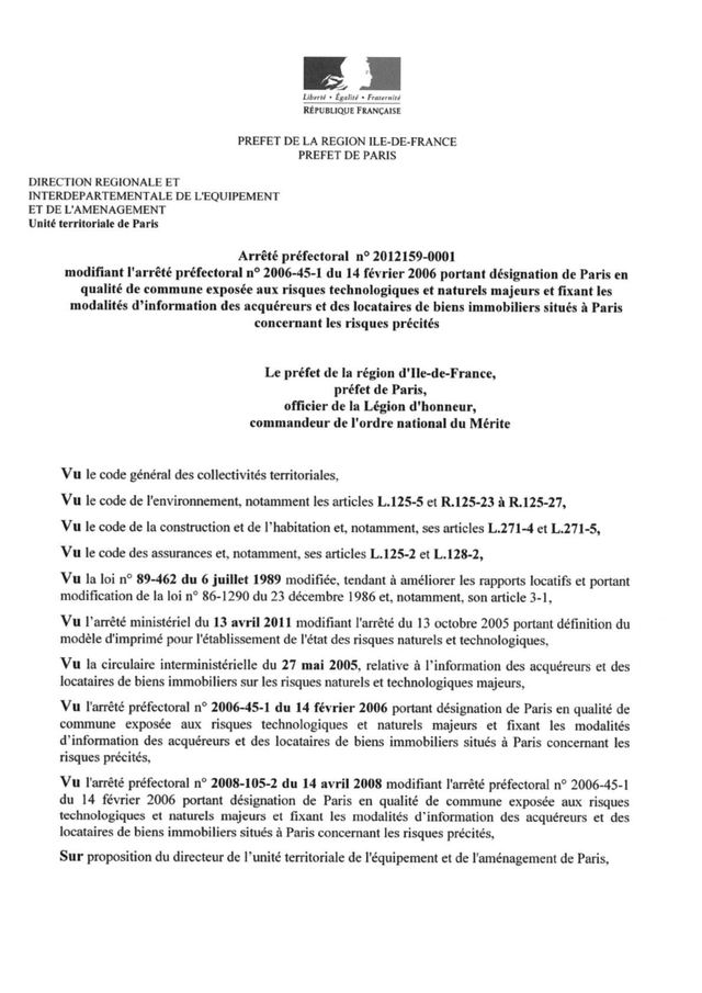 Page 18 d'un exemple d'ERP : arrêté préfectoral relatif à l'information des acquéreurs et des locataires à Paris