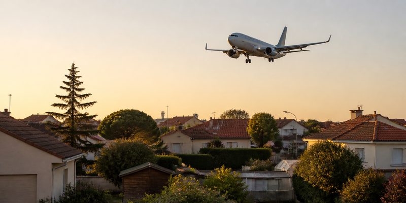 Avion en approche finale au-dessus d'un quartier pavillonnaire
